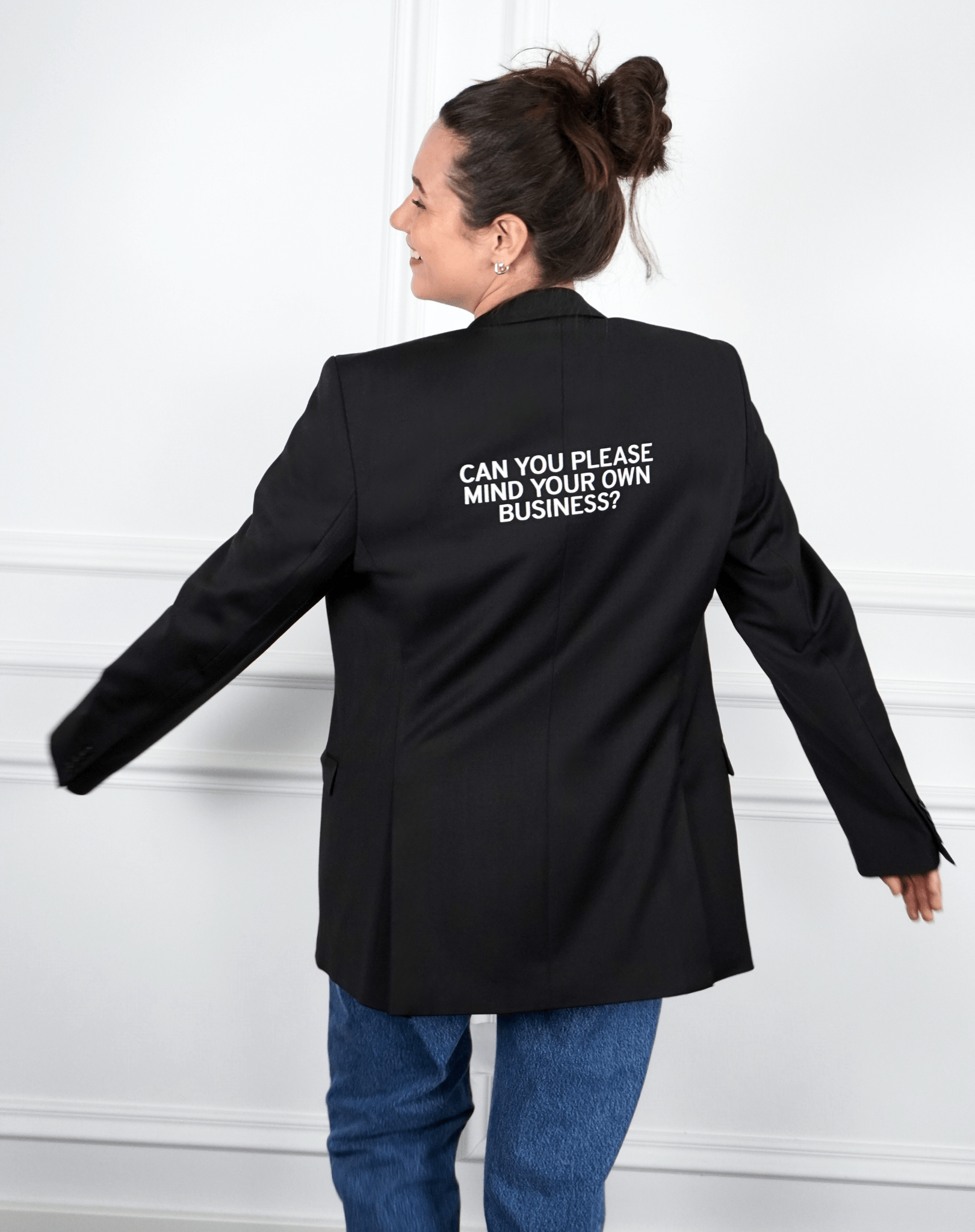 Can you please mind your own business? Upcycled Blazer (white print) - OBLIVIOUS?