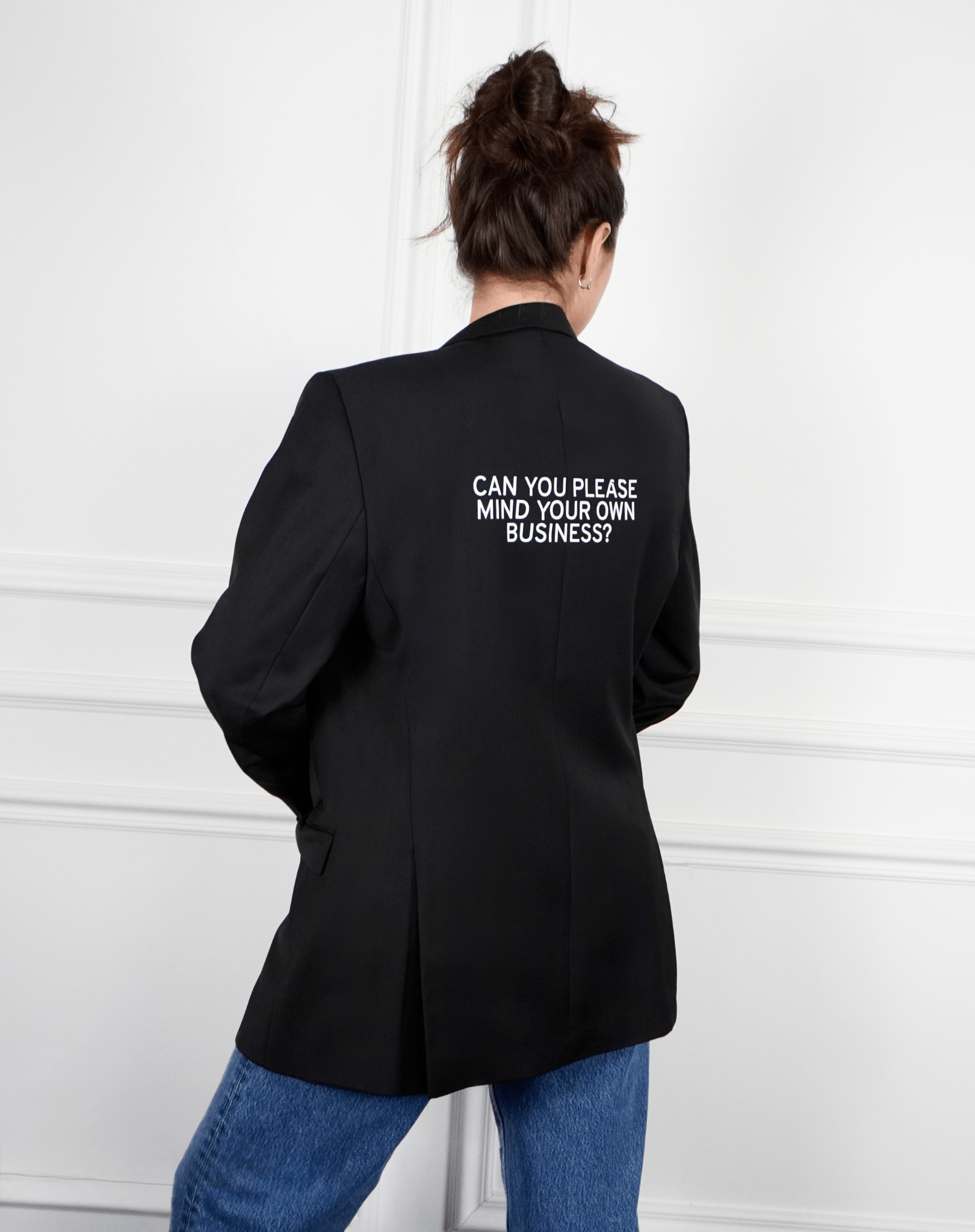 Can you please mind your own business? Upcycled Blazer (white print) - OBLIVIOUS?