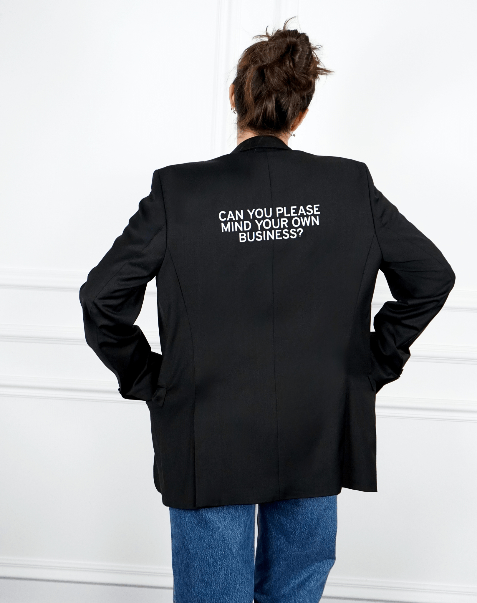 Can you please mind your own business? Upcycled Blazer (white print) - OBLIVIOUS?